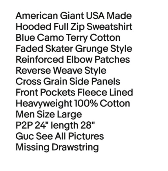 American Giant Jacket Sweatshirt Large Blue Camo Terry ZipUp Skater Grunge Gorp - Picture 12 of 12